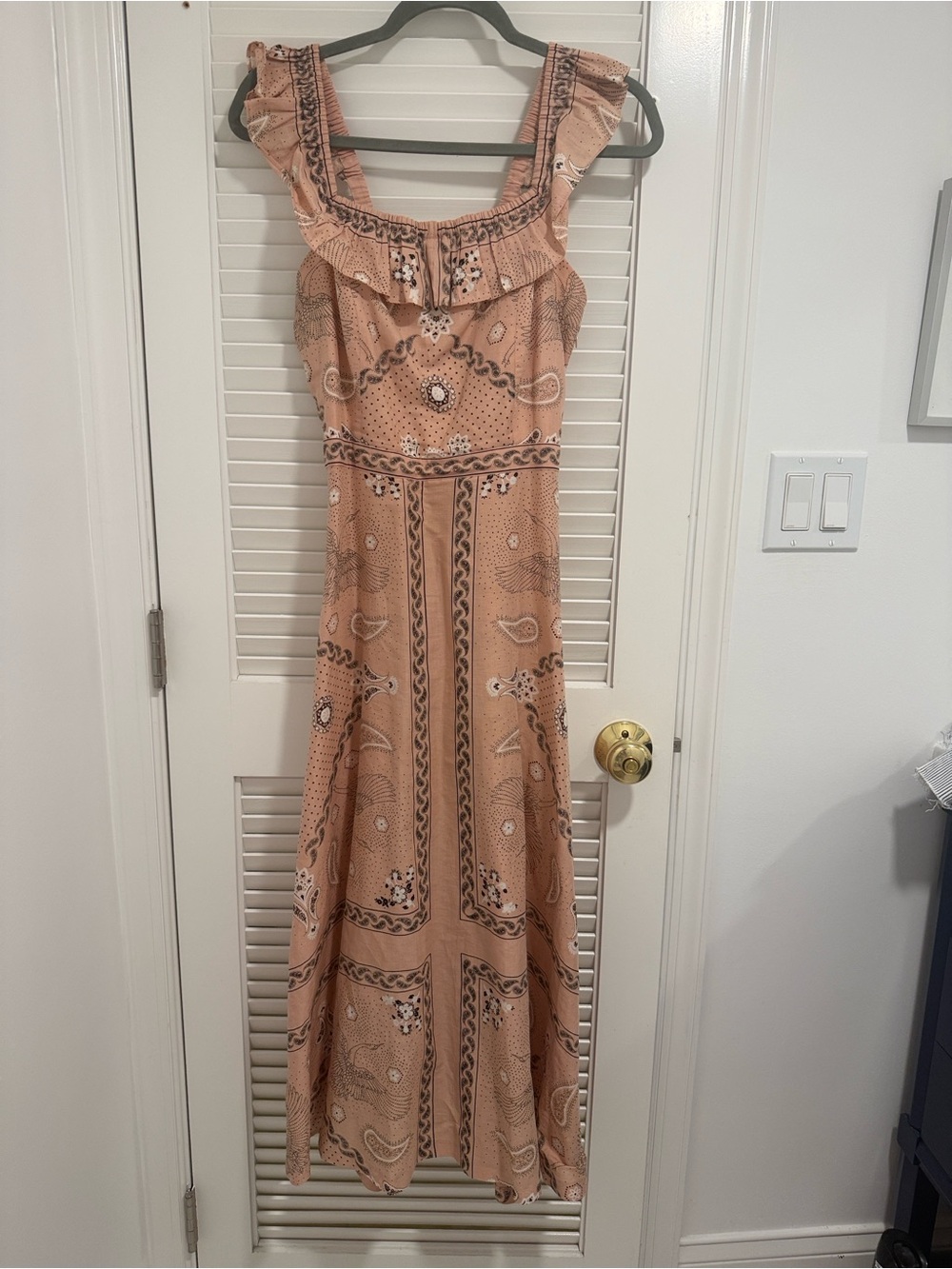 Sandro Ruffle-Trim Paisley Maxi Dress in Blush